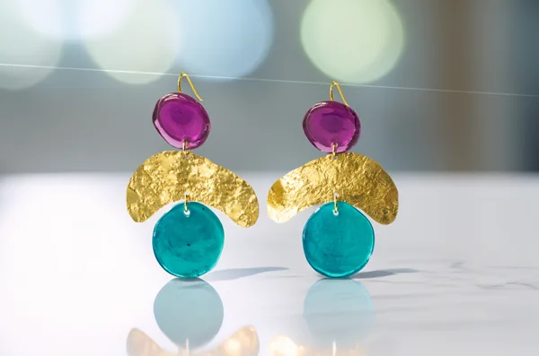 Original earrings with purple, turquoise and gold-toned forms — PAGANE archive, image 056