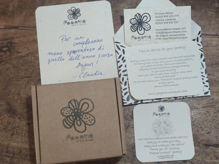 Handwritten notes accompanying PAGANE jewellery