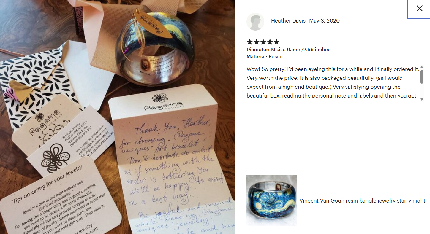 Recensione originale su Etsy con foto: bracciale con «La notte stellata» e biglietto personale