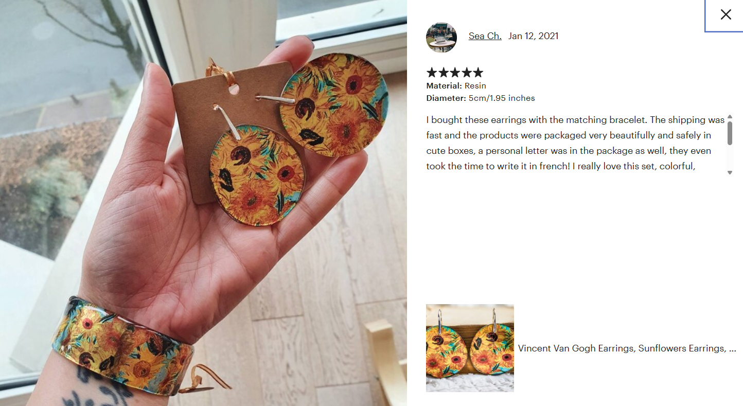 Original Etsy customer review with a photo: a sunflower bangle and earrings