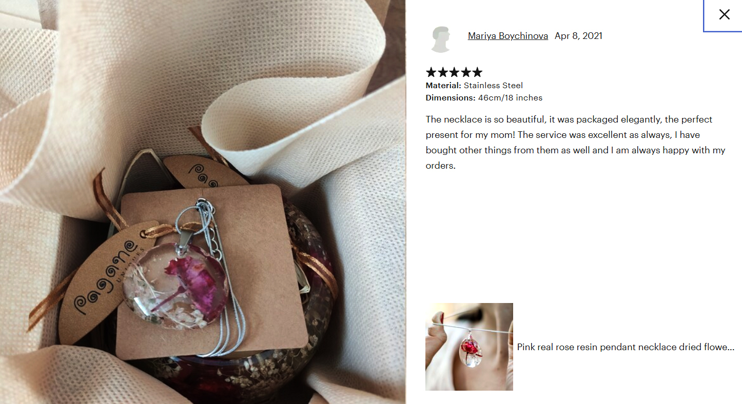 Recensione originale su Etsy con foto: ciondolo con una rosa e confezione regalo