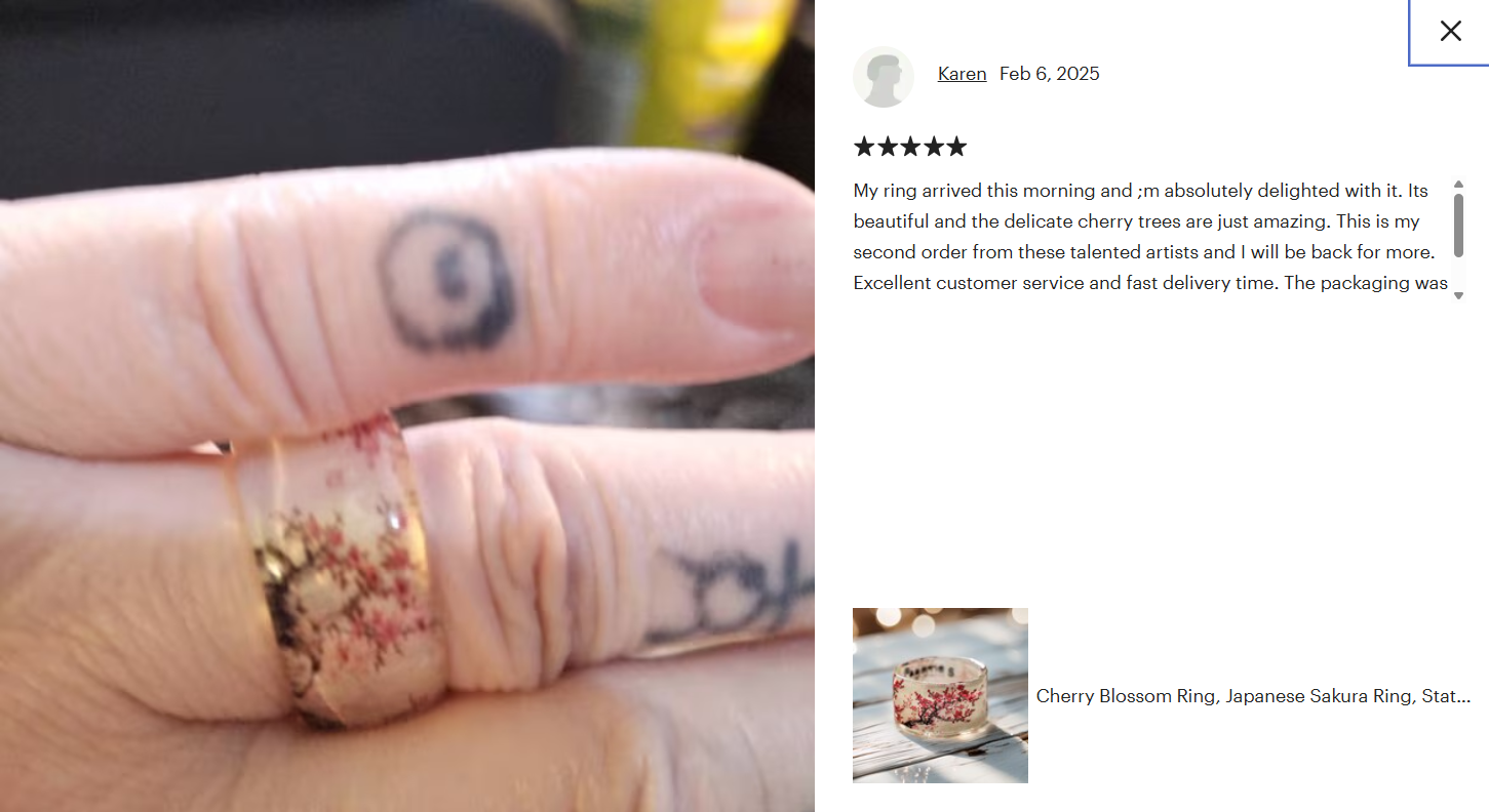 Recensione originale su Etsy con foto: anello con fiori di ciliegio