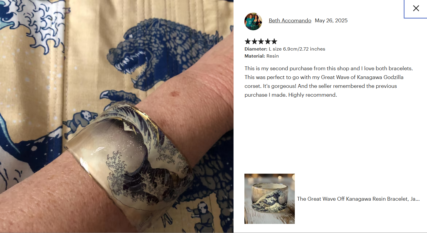 Original Etsy customer review with a photo: a Japanese wave bangle
