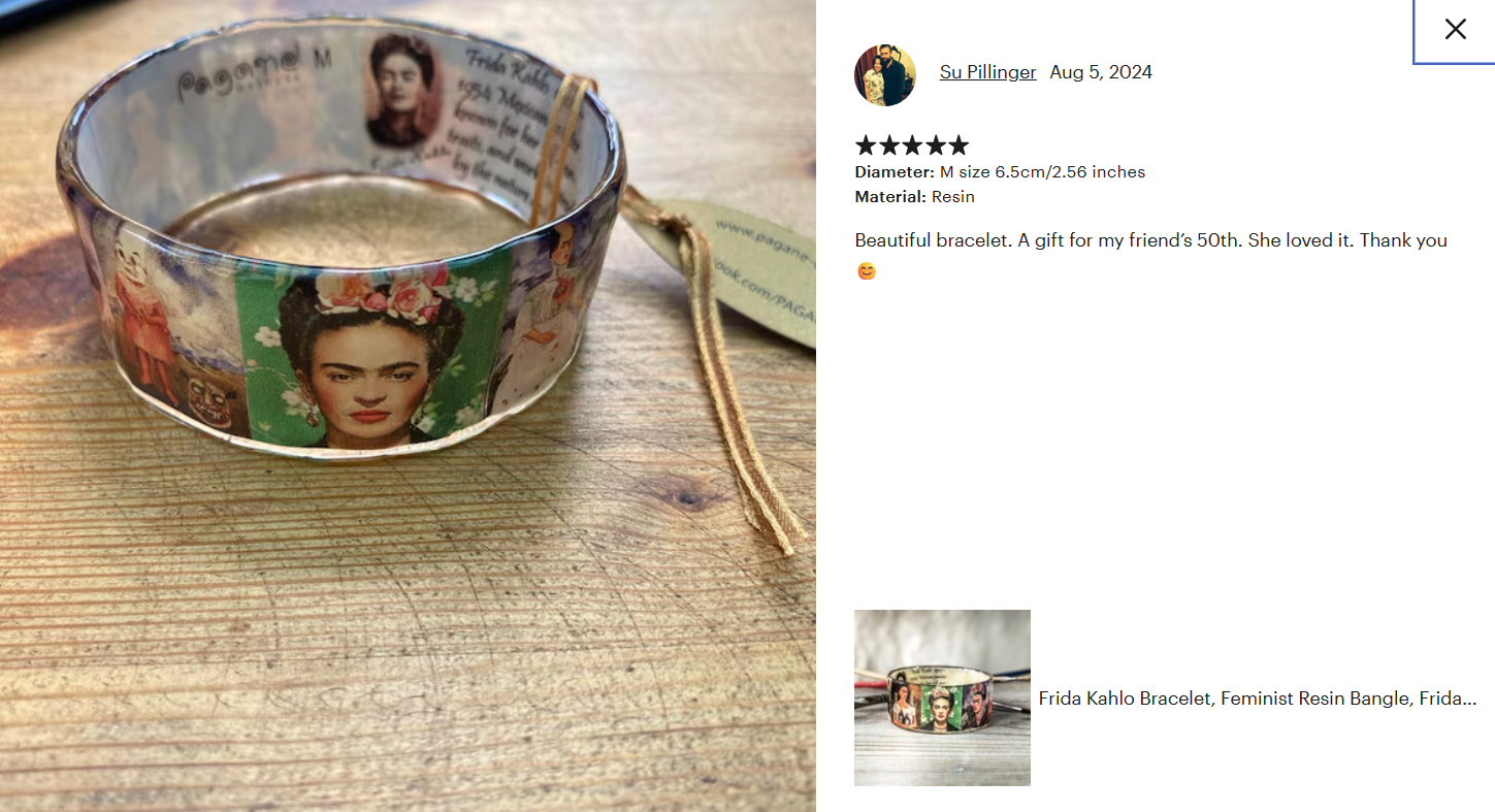 Recensione originale su Etsy con foto: bracciale con ritratti di Frida Kahlo